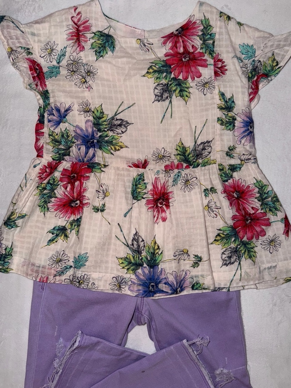 GAP Kids Floral Peplum Top Cream w/ Red & Purple. Purple pleated denim GAP jeans